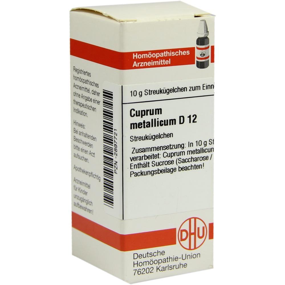 Eine Packung homöopathischer Streukügelchen von Cuprum metallicum D12.